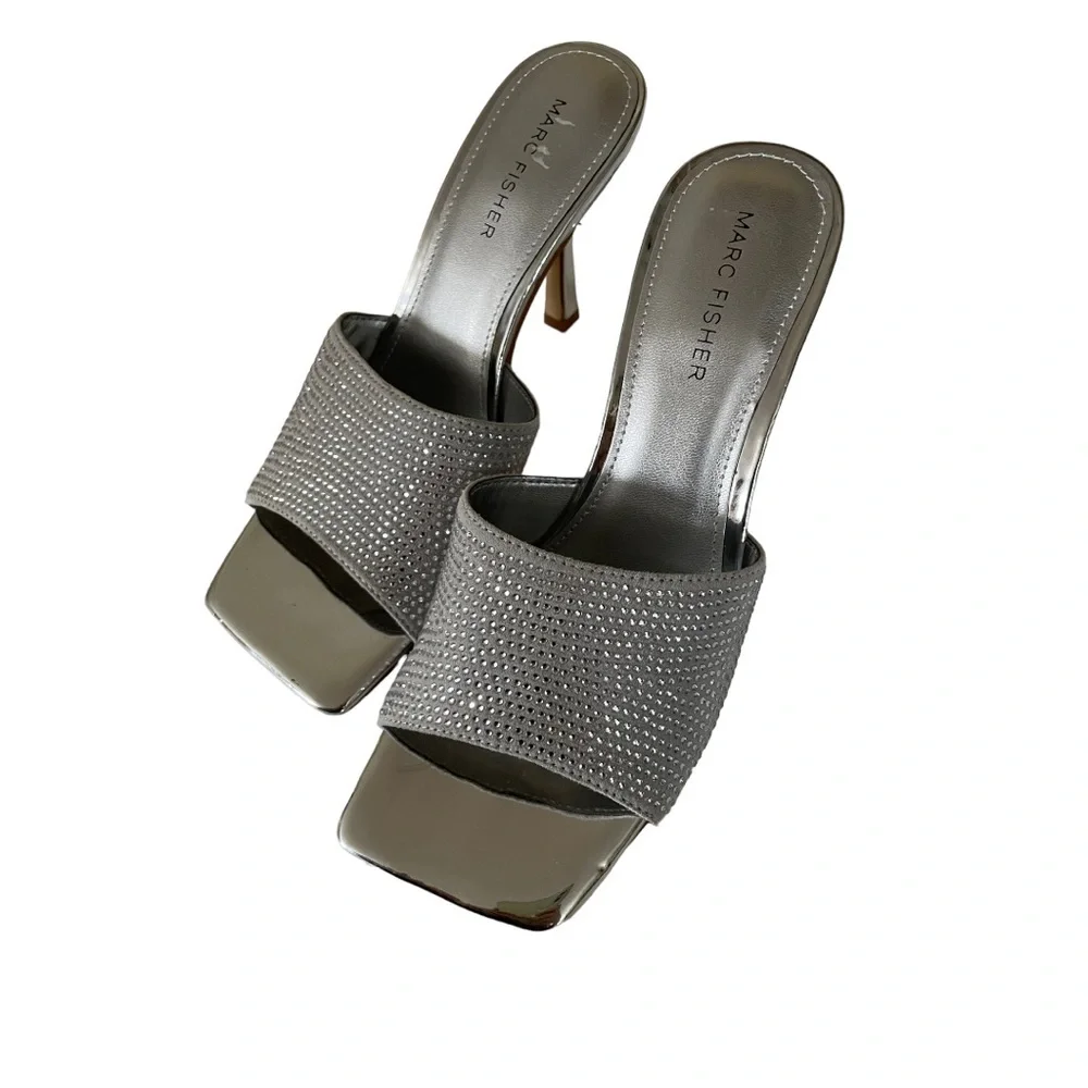 Marc Fisher Silver Chrome Boxy Diamond Bling Wedding Formal Square Heels size 7